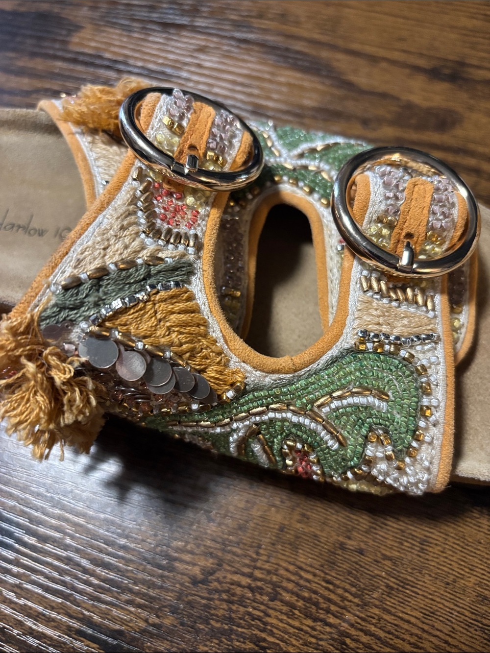 House of Harlow 1960 Embroidered Slide Sandals in Mustard & Green - Picture 5 of 9